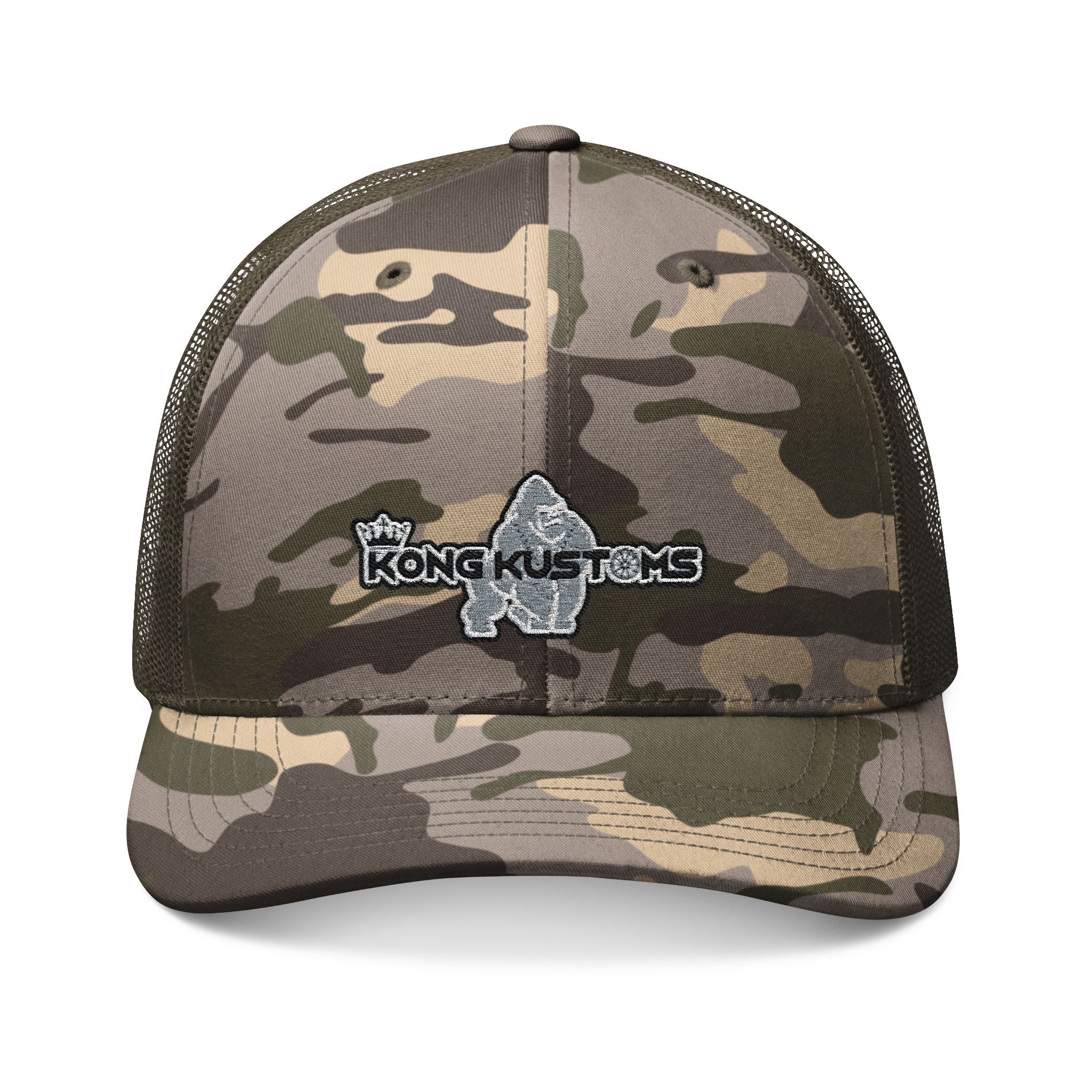 Kong Kustoms Camo Trucker Hat – Chrome Embroidered Gorilla Logo | Built to Flex Edition