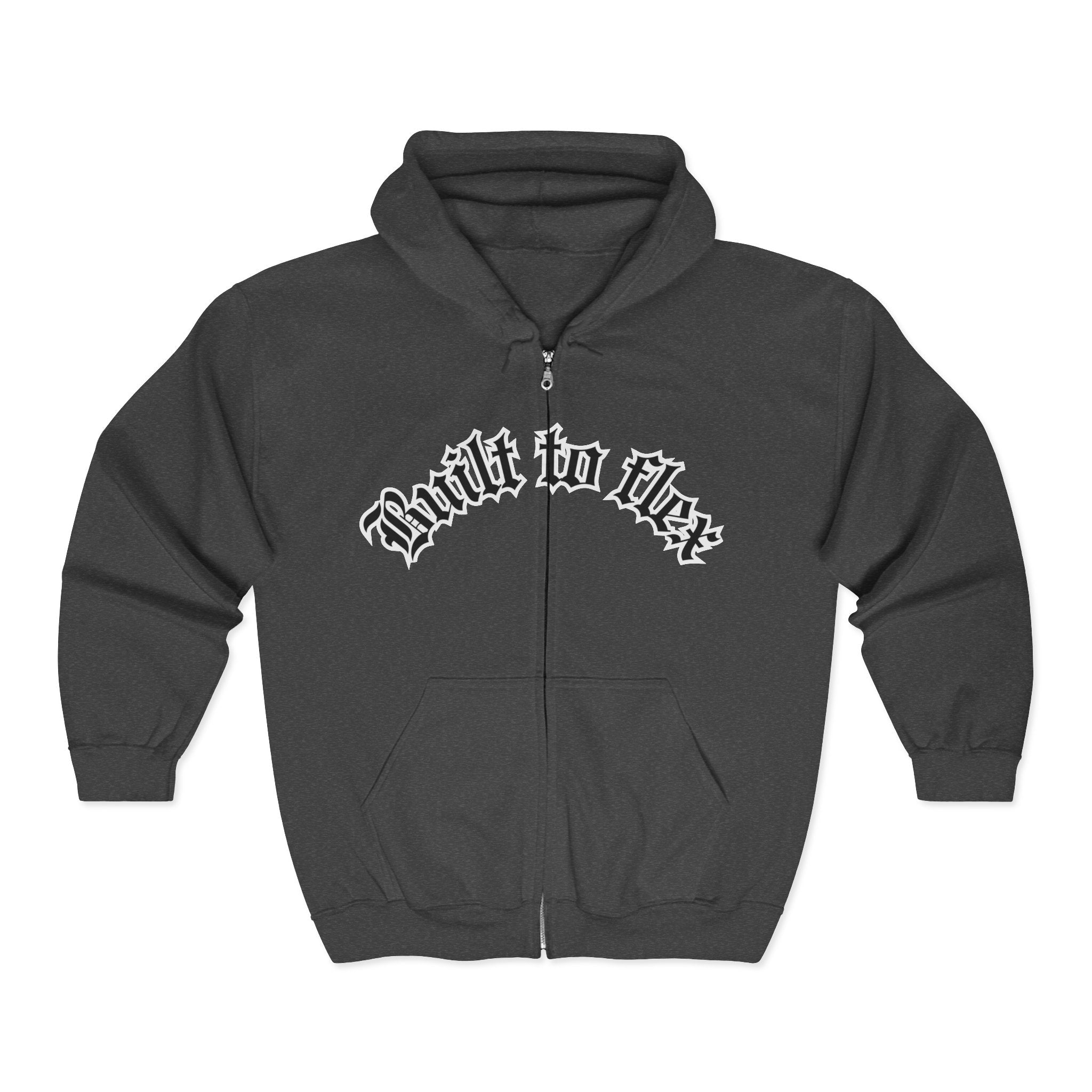 Zip Hoodie — "Built to Bleed" Gothic Script Full-Zip Hooded Sweatshirt