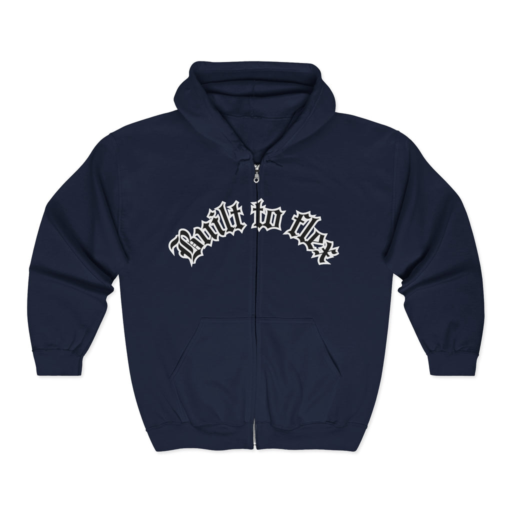 Zip Hoodie — "Built to Bleed" Gothic Script Full-Zip Hooded Sweatshirt